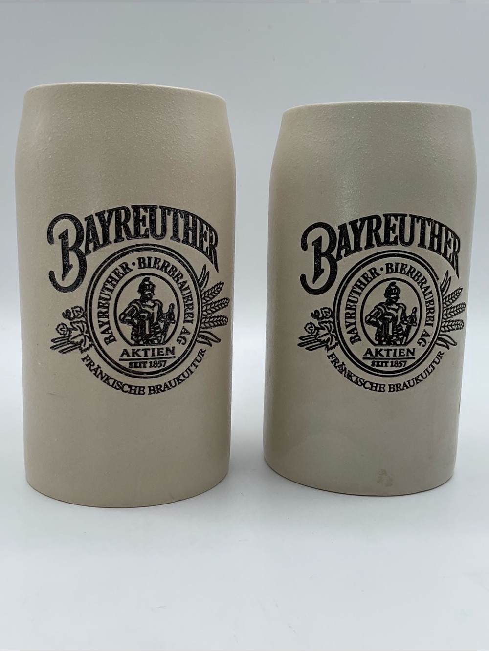 Bayreuther Bierbrauerei German Stoneware Beer Steins Mugs Set of 2 Vintage